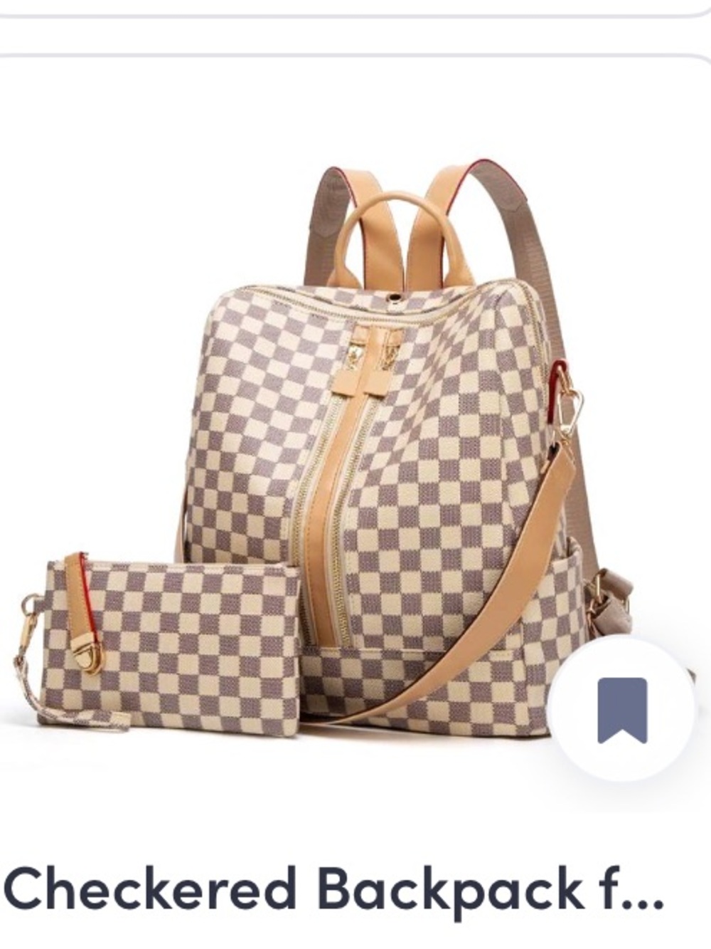 Checkered Tan and Cream Women's Backpack with Wristlet